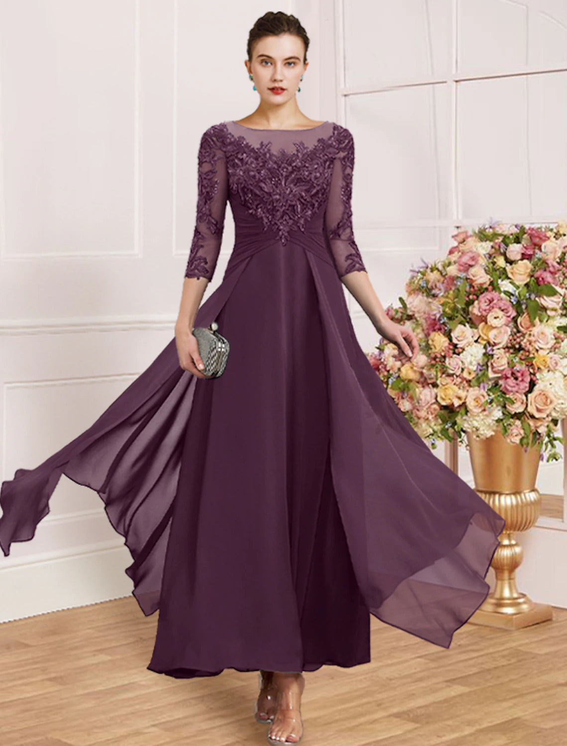 Sheath / Column Mother of the Bride Dress Wedding Guest Simple Elegant Jewel Neck Ankle Length Chiffon Lace 3/4 Length Sleeve with Pleats Sequin