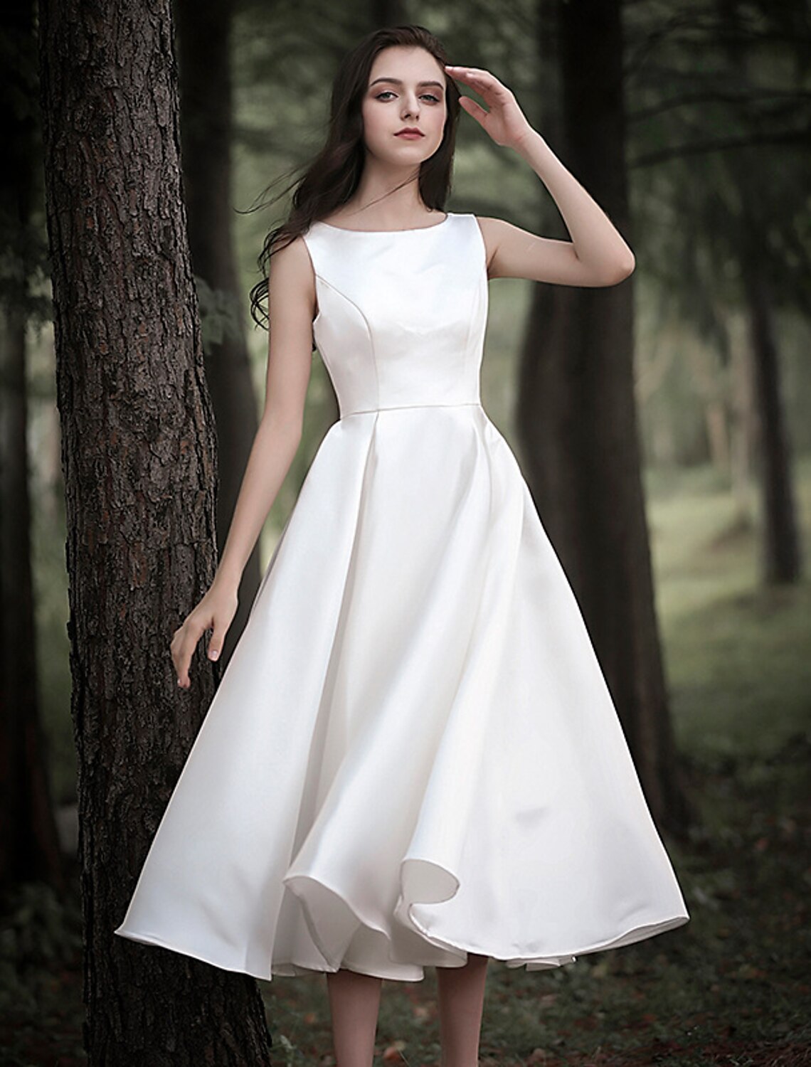 Reception Little White Dresses Wedding Dresses A-Line Scoop Neck Sleeveless Tea Length Satin Bridal Gowns With Solid Color Summer Wedding Party