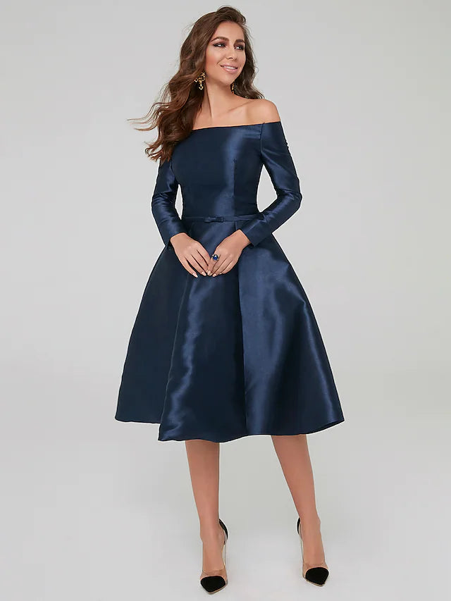 DingjiA-Line Special Occasion Dresses Party Dress Wedding Guest Knee Length Long Sleeve Off Shoulder Satin with Pleats