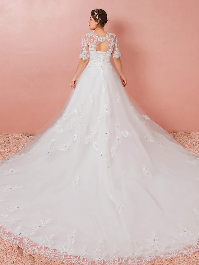 DingjiHall Wedding Dresses Cathedral Train A-Line Half Sleeve V Neck Satin With Lace Crystals