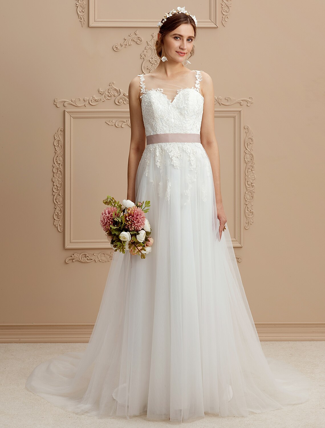Hall Wedding Dresses A-Line Jewel Neck Sleeveless Court Train Tulle Bridal Gowns With Sashes / Ribbons Appliques