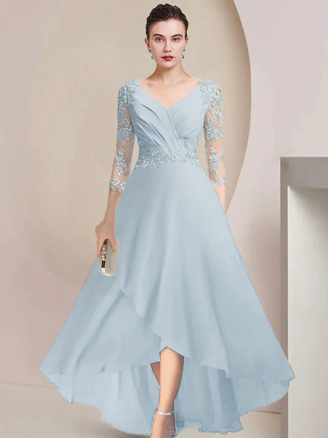DingjiA-Line Mother of the Bride Dress Party Elegant V Neck Asymmetrical Lace Stretch Chiffon 3/4 Length Sleeve with Pleats Ruching
