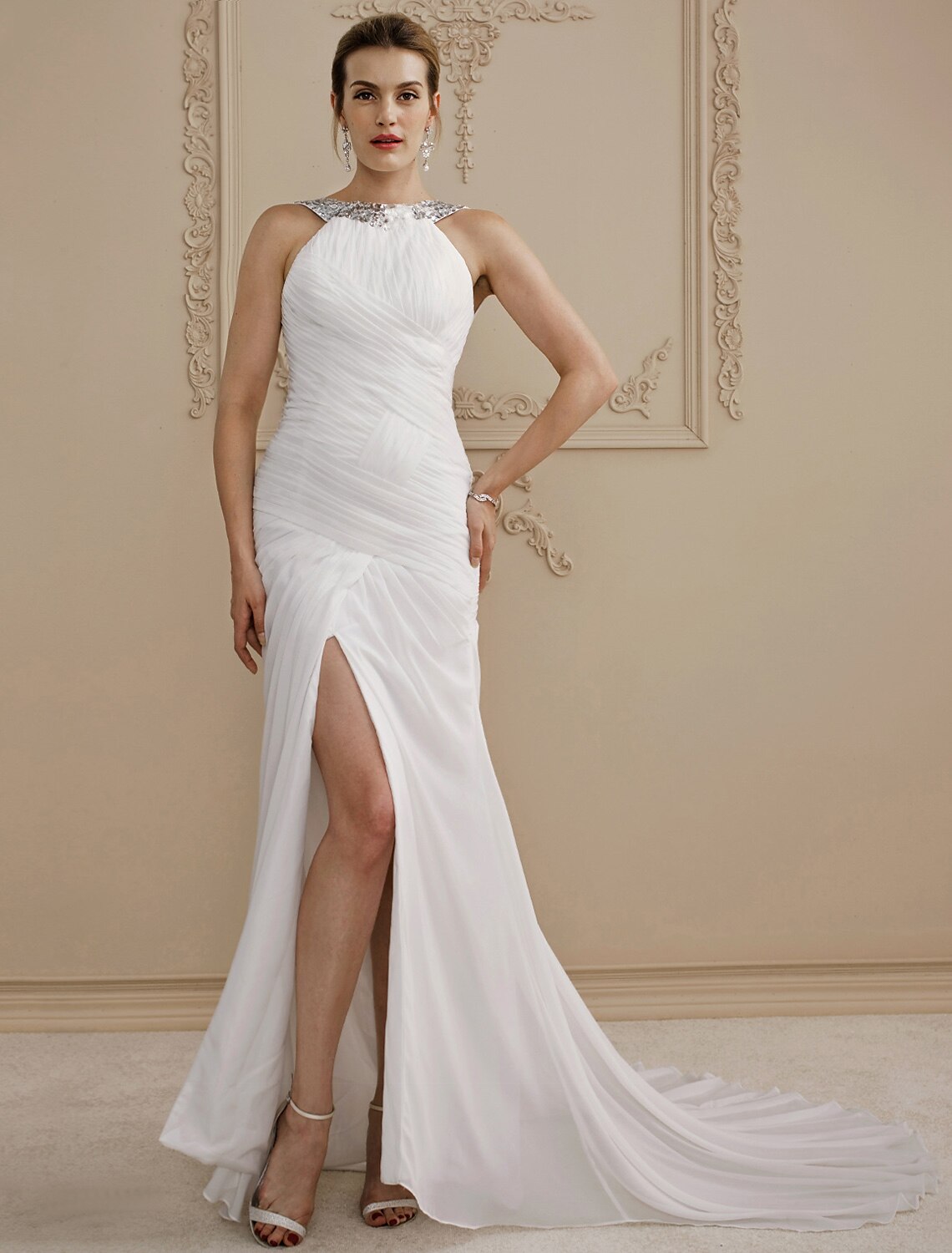 Sheath / Column Jewel Neck Court Train Chiffon Made-To-Measure Wedding Dresses with Split Front / Side-Draped / Open Back