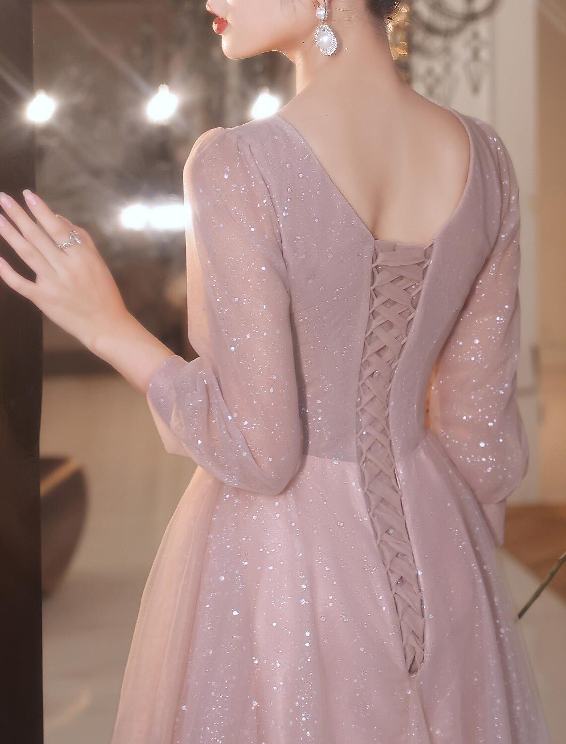 A-Line Beautiful Back Elegant Prom Formal Evening Dress V Neck V Back 3/4 Length Sleeve Floor Length Lace with Appliques