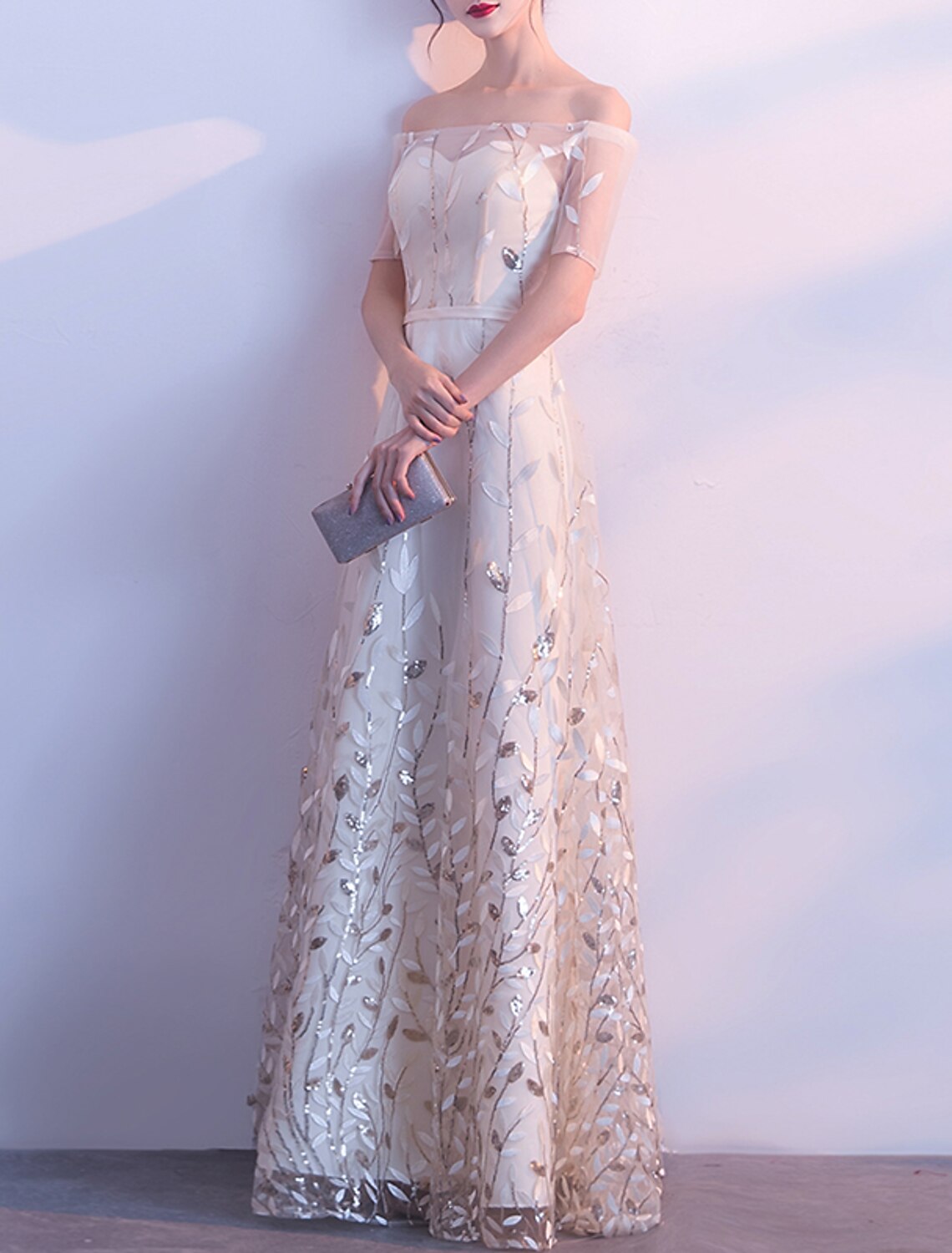 A-Line Prom Dresses Floral Dress Wedding Guest Prom Floor Length Short Sleeve Off Shoulder Tulle with Sash / Ribbon Embroidery