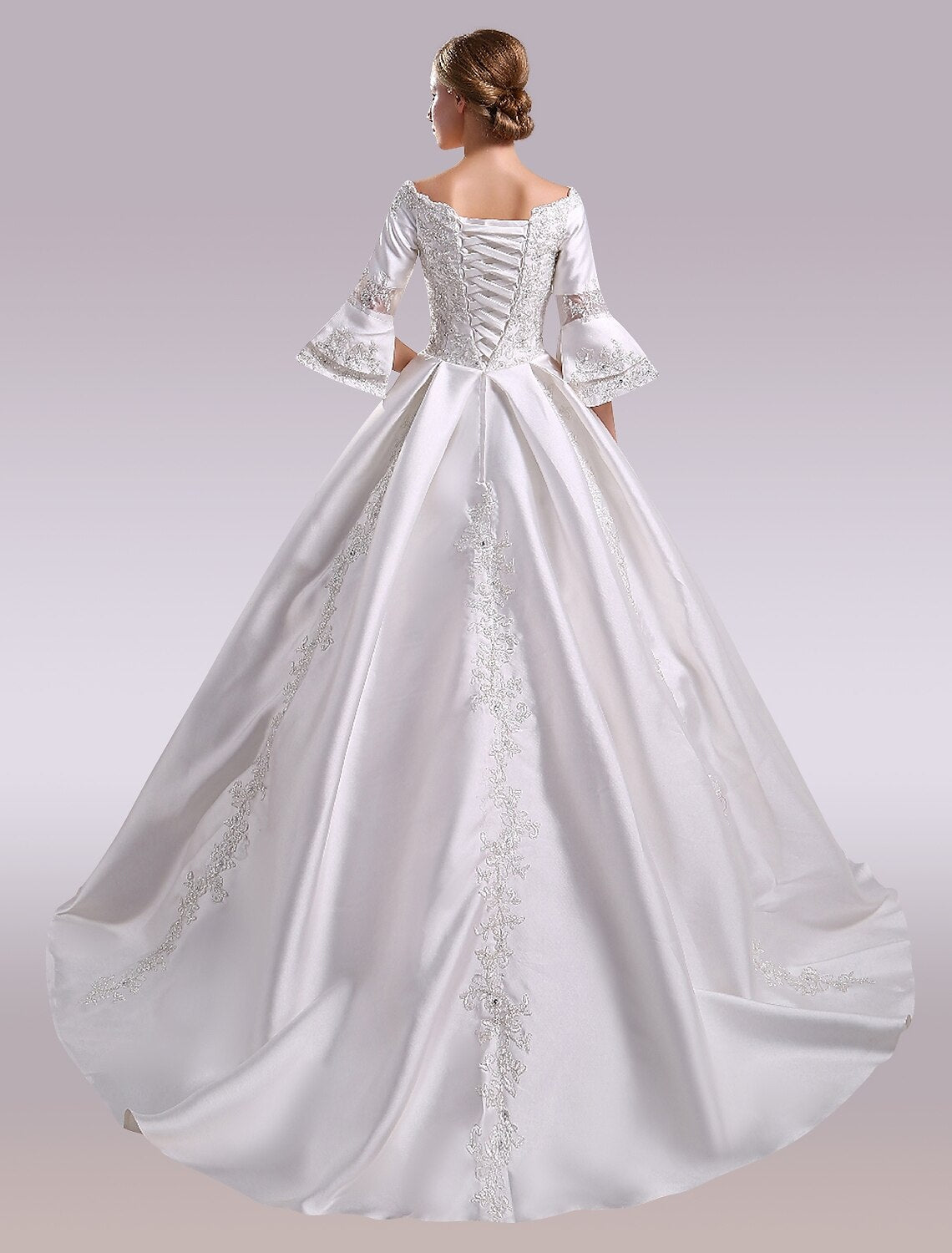 Hall Wedding Dresses A-Line Off Shoulder Long Sleeve Chapel Train Satin Bridal Gowns With Lace Beading