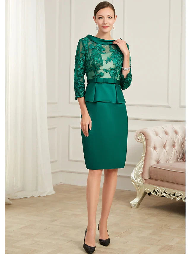 DingjiSheath / Column Peplum Wedding Guest Cocktail Party Dress Jewel Neck 3/4 Length Sleeve Knee Length Chiffon with Bow(s) Slit Appliques