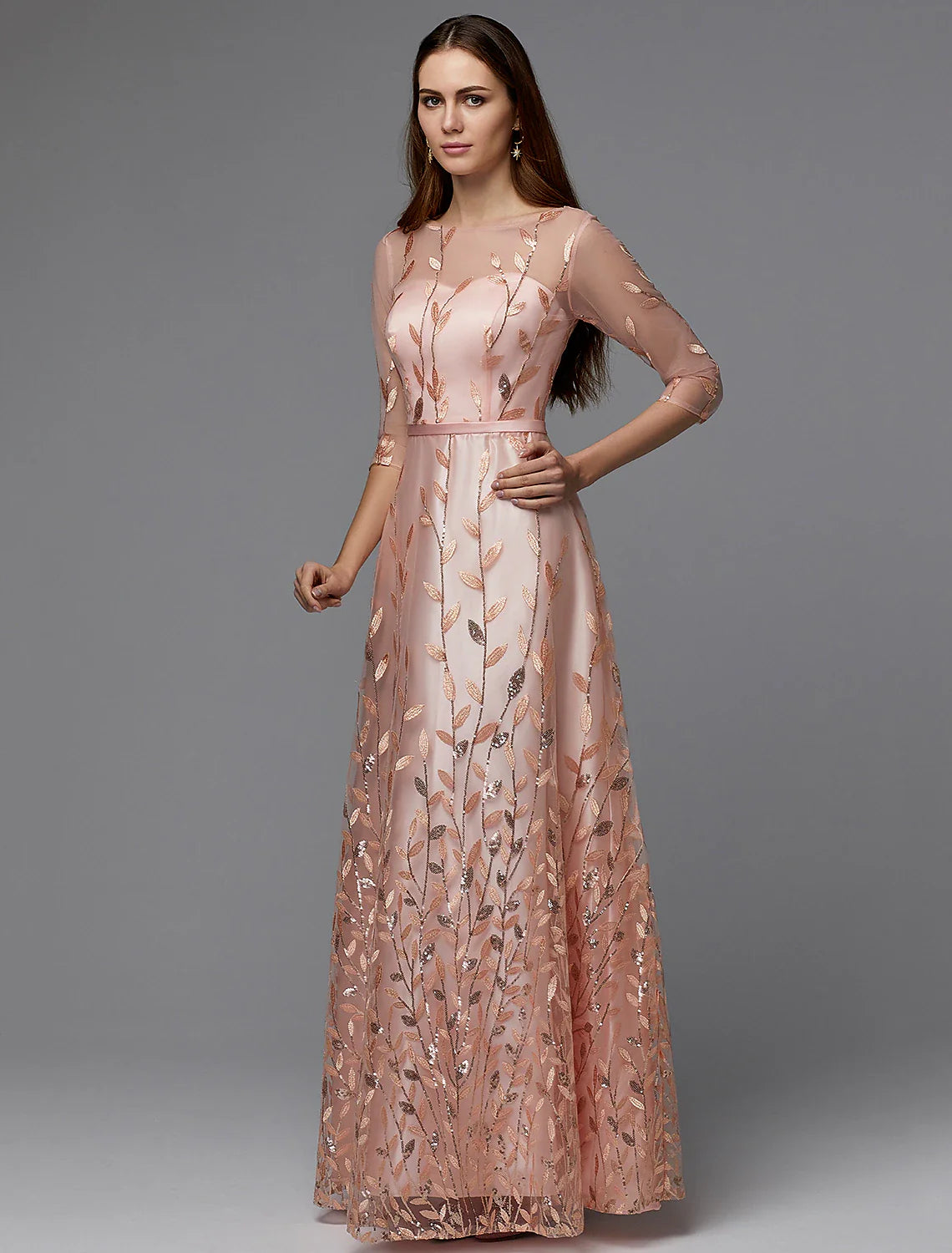 DingjiA-Line Floral Dress Valentine's Day Wedding Guest Floor Length 3/4 Length Sleeve Illusion Neck Bridesmaid Dress Lace with Pattern / Print Appliques