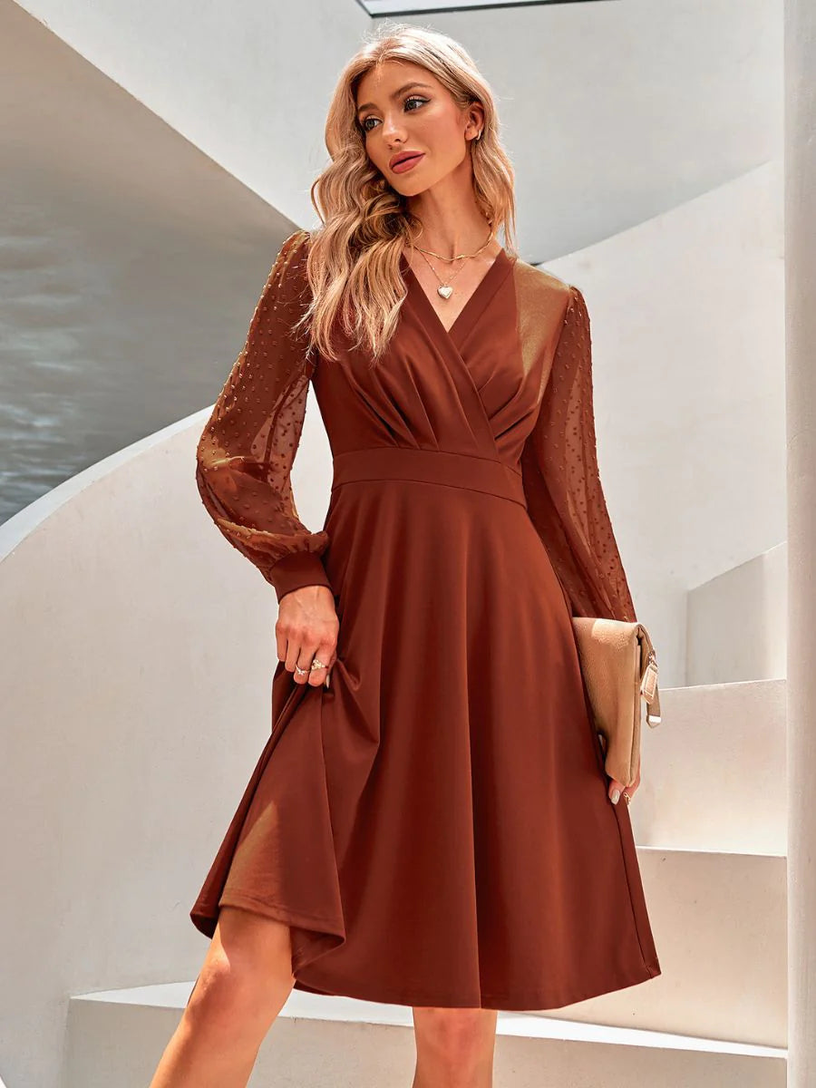 V Neck A Line Long Sleeve Wedding Guest Dress
