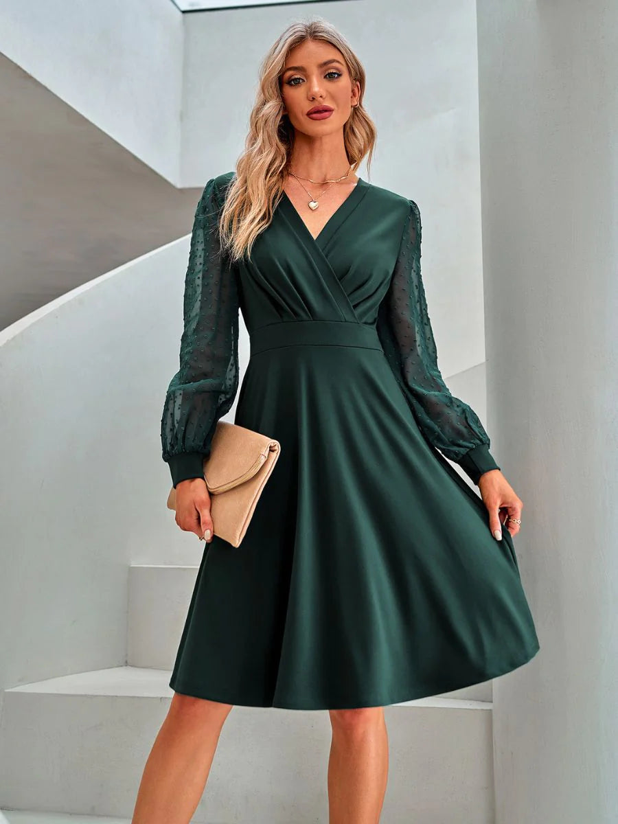 V Neck A Line Long Sleeve Wedding Guest Dress