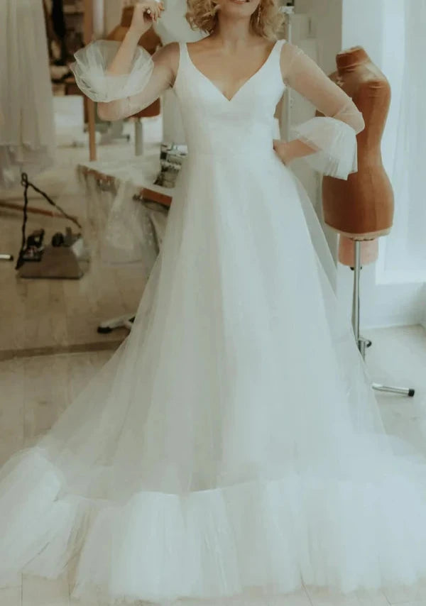 A Line Tulle V-neck Bell Wedding Dress with Ruching