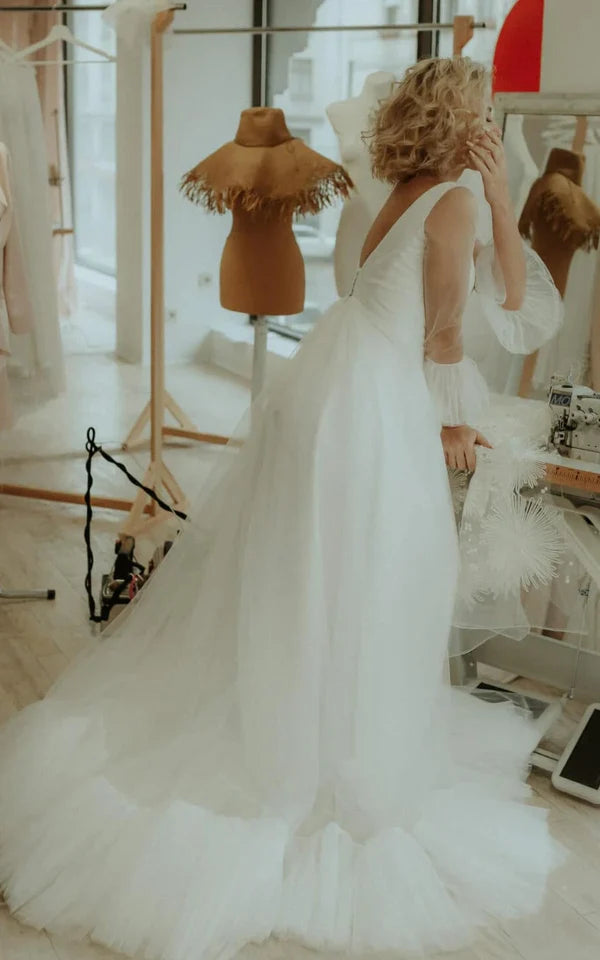 A Line Tulle V-neck Bell Wedding Dress with Ruching