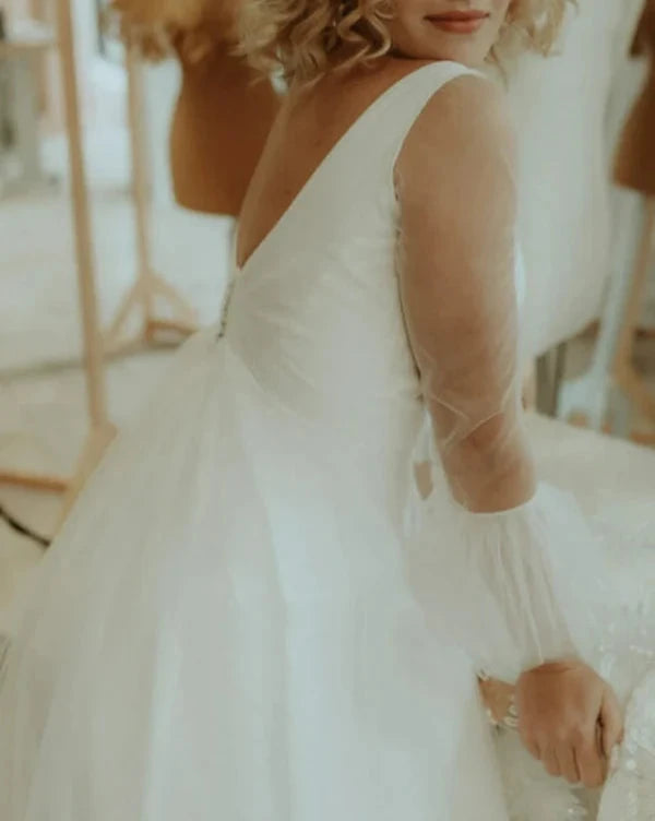 A Line Tulle V-neck Bell Wedding Dress with Ruching