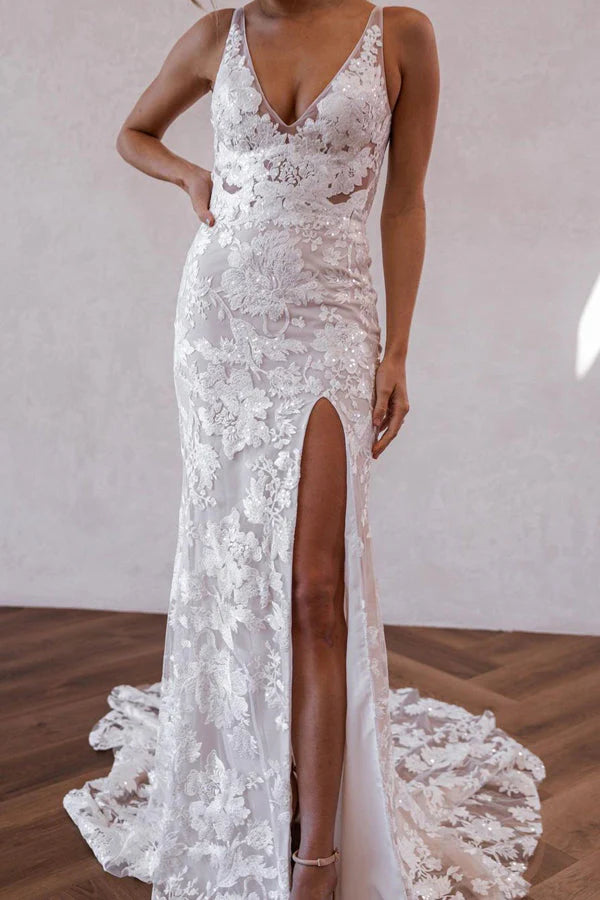 Mermaid V Neck Lace Boho Wedding Dresses with Slit