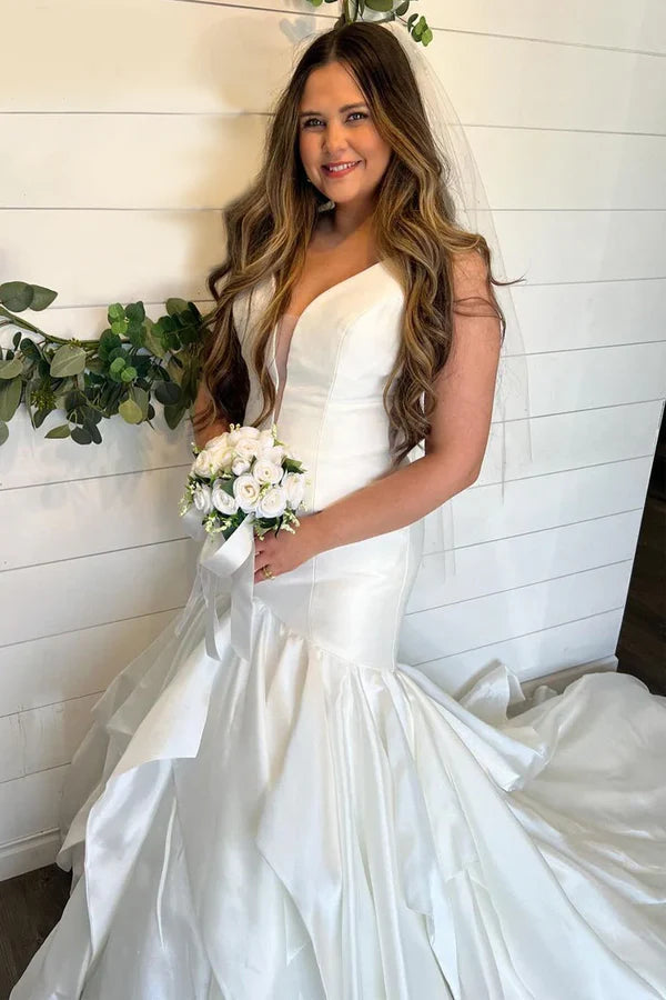 Elegant Mermaid V Neck Satin Wedding Dresses
