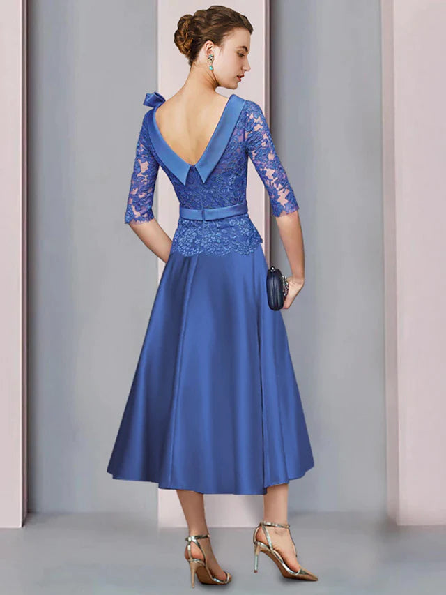 A-Line Mother of the Bride Dress Formal Church Party Elegant Jewel Neck Tea Length Satin Lace Half Sleeve with Sash / Ribbon Bow(s)