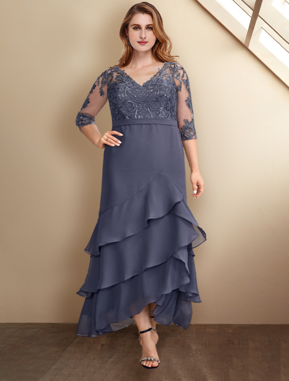 A-Line Plus Size Curve Mother of the Bride Dresses Elegant Dress Formal Ankle Length Half Sleeve V Neck Chiffon with Ruffles Appliques