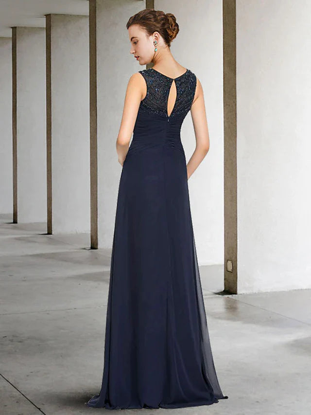 DingjiA-Line Mother of the Bride Dress Elegant Jewel Neck Floor Length Chiffon Sleeveless with Pleats Beading