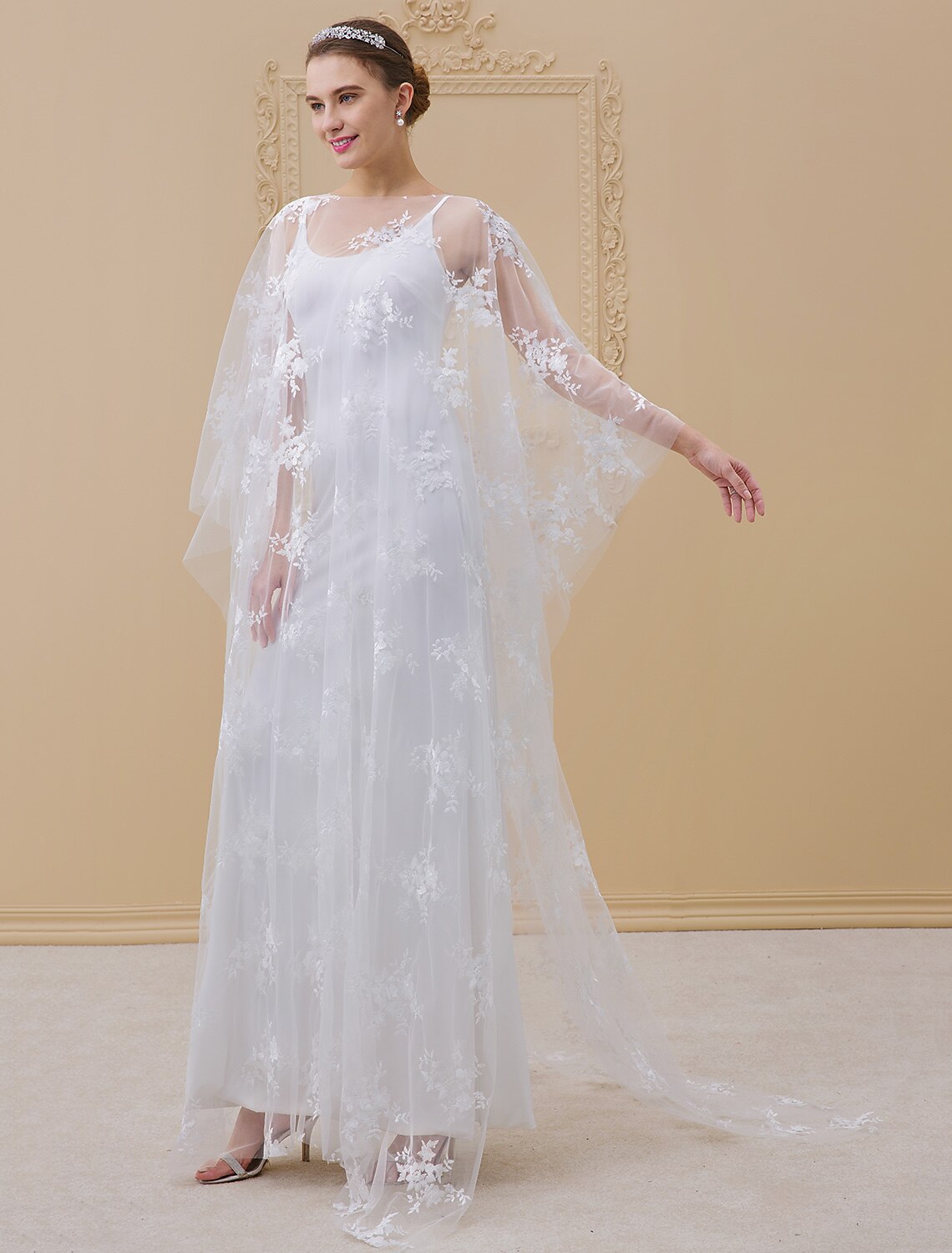 Sheath / Column Illusion Neck Sweep / Brush Train Stretch Satin / Sheer Lace Made-To-Measure Wedding Dresses with Appliques / Yes / See-Through