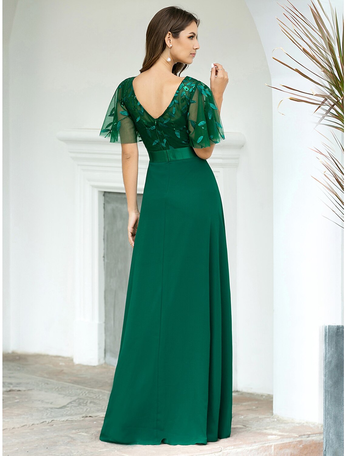 A-Line Prom Dresses Empire Dress Evening Party Floor Length Short Sleeve Jewel Neck Chiffon V Back with Sequin