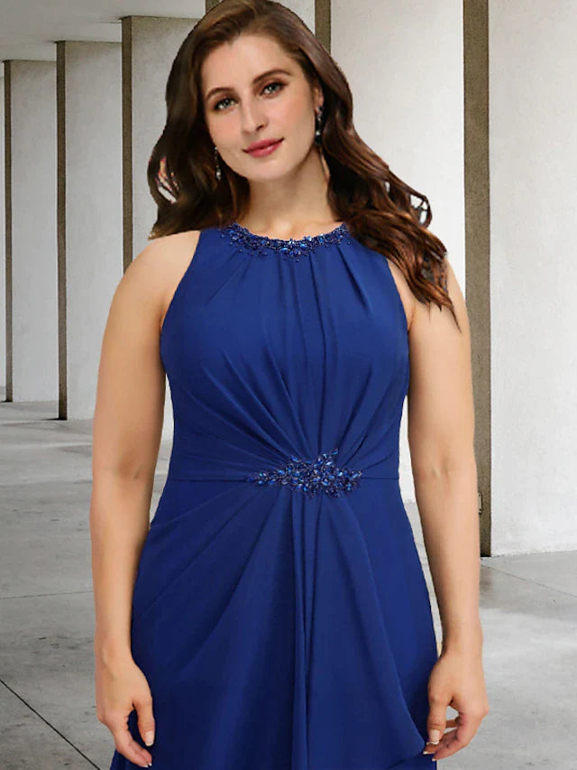 Two Piece A-Line Plus Size Curve Mother of the Bride Dresses Elegant Dress Formal Floor Length Sleeveless Jewel Neck Chiffon with Pleats Crystals