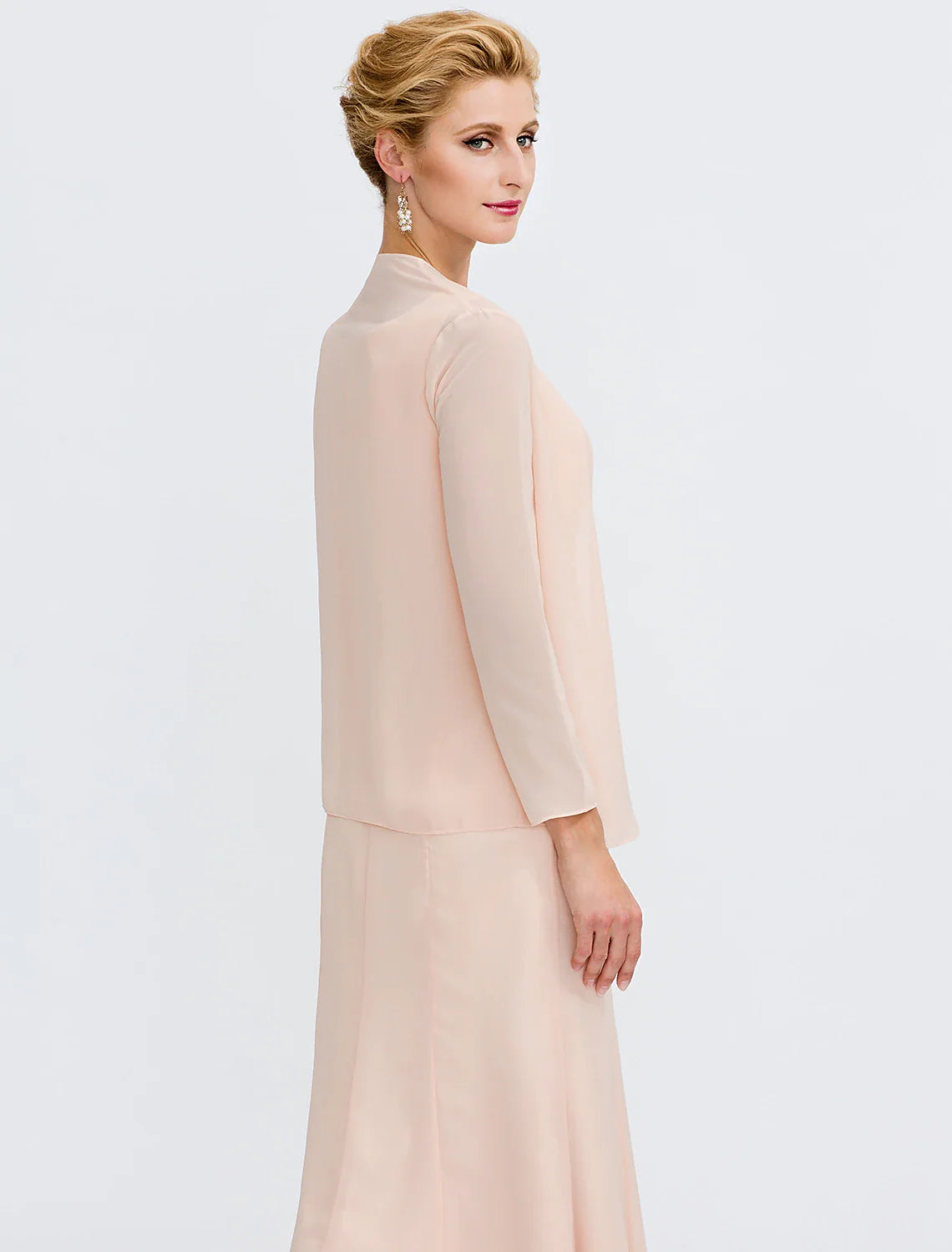 DingjiTwo Piece Sheath / Column Mother of the Bride Dress Wedding Guest Plus Size Elegant with Jacket Long Sleeve Scoop Neck Tea Length Chiffon Sash / Ribbon Pleats Beading