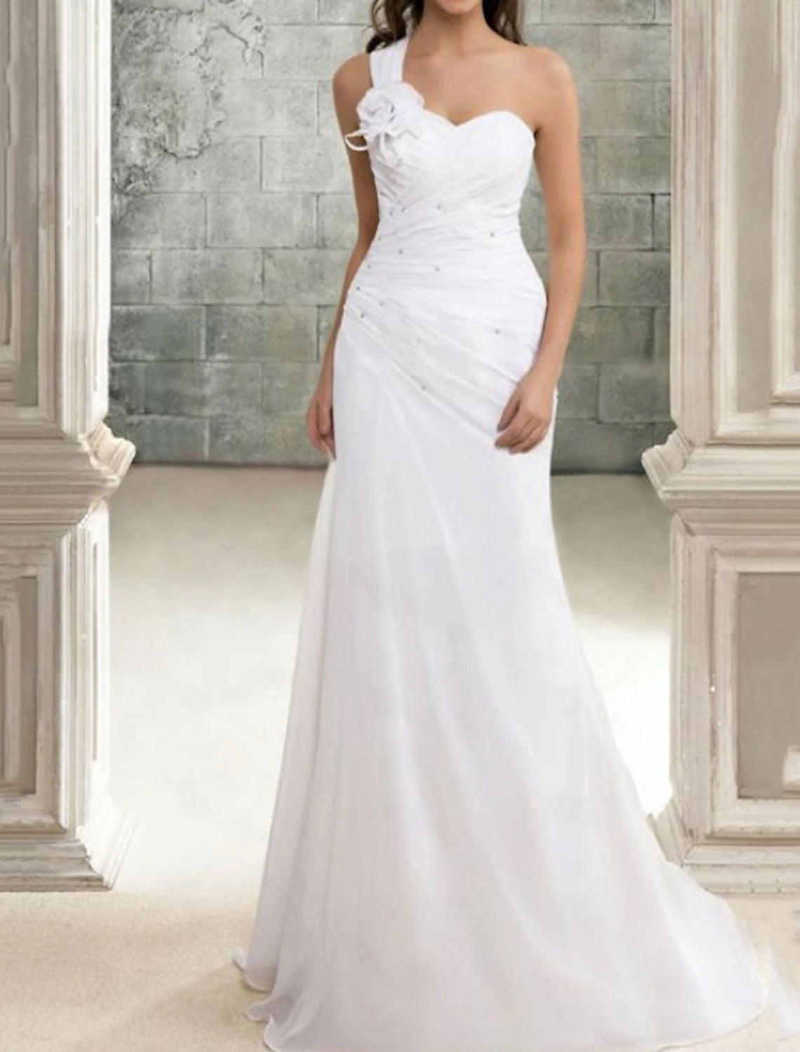 Hall Casual Wedding Dresses Mermaid / Trumpet One Shoulder Sleeveless Sweep / Brush Train Chiffon Bridal Gowns With Appliques
