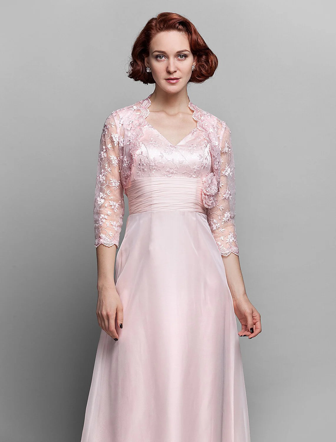 DingjiSheath / Column Mother of the Bride Dress V Neck Ankle Length Chiffon Lace 3/4 Length Sleeve with Bow(s) Ruched