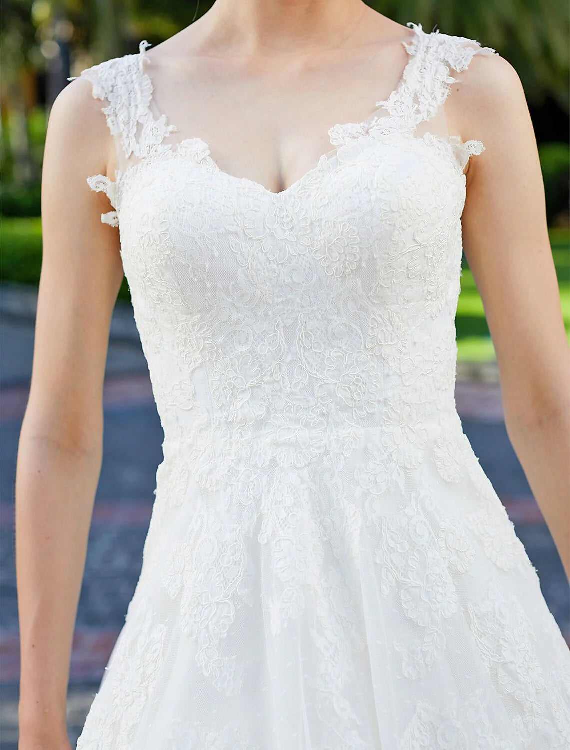 DingjiWedding Dresses Ball Gown V Neck Regular Straps Floor Length Tulle Over Lace Bridal Gowns With Lace Appliques