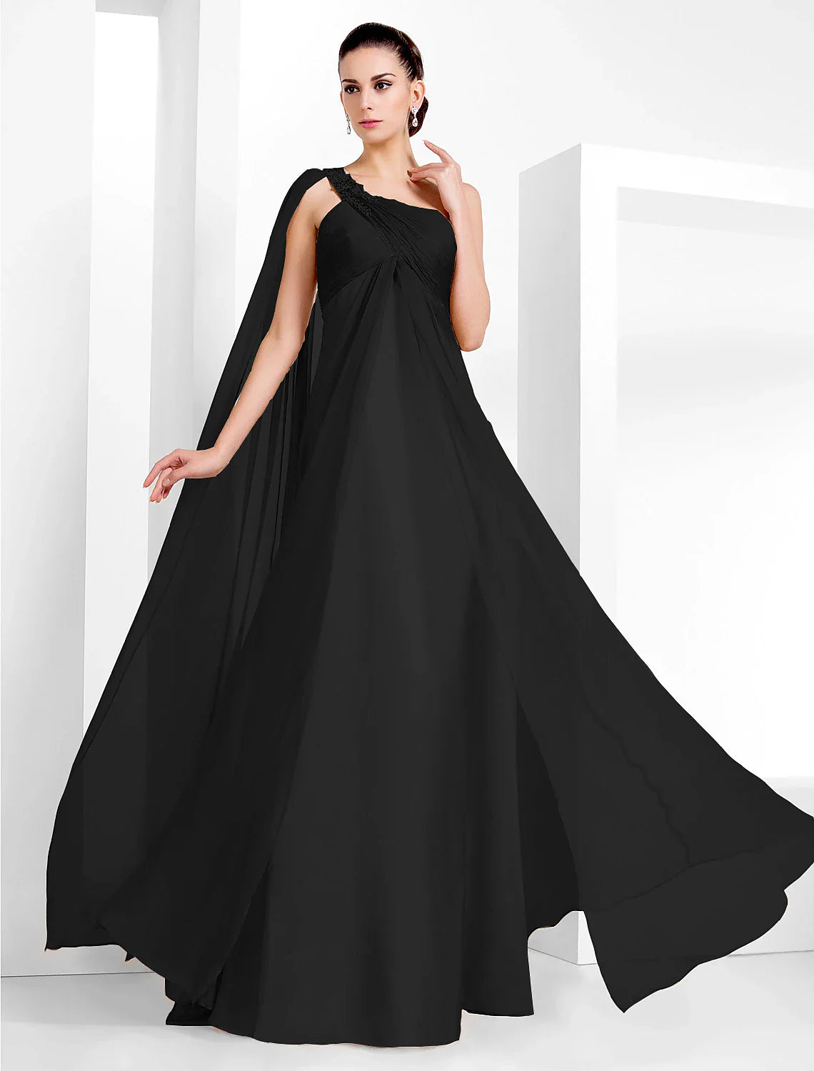 DingjiSheath / Column Elegant Formal Evening Black Tie Gala Dress One Shoulder Sleeveless Floor Length Chiffon with Criss Cross Crystals