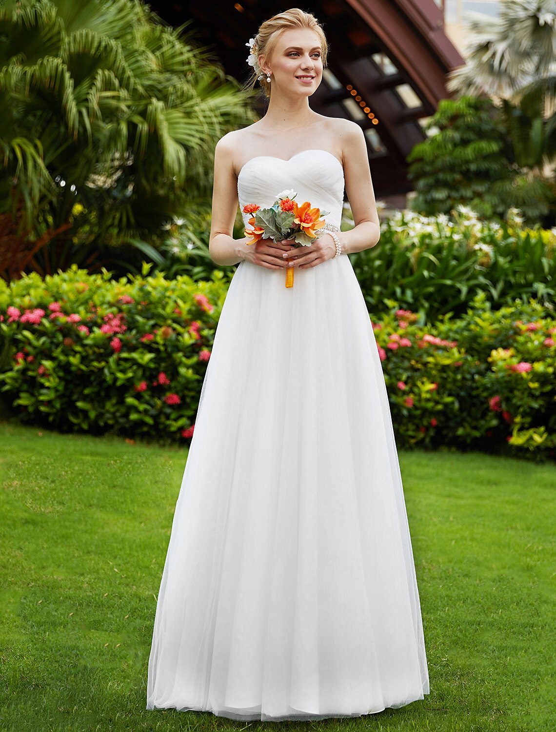 Reception Wedding Dresses Princess Sweetheart Strapless Floor Length Chiffon Bridal Gowns With Sashes / Ribbons Beading