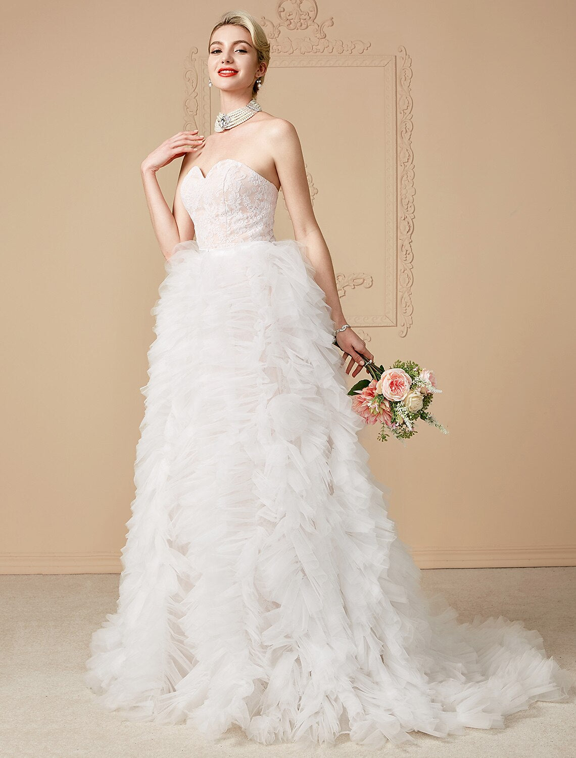 A-Line Wedding Dresses Sweetheart Neckline Sweep / Brush Train Tulle Over Lace Sleeveless Wedding Dress in Color Open Back with Sashes / Ribbons / Removable train