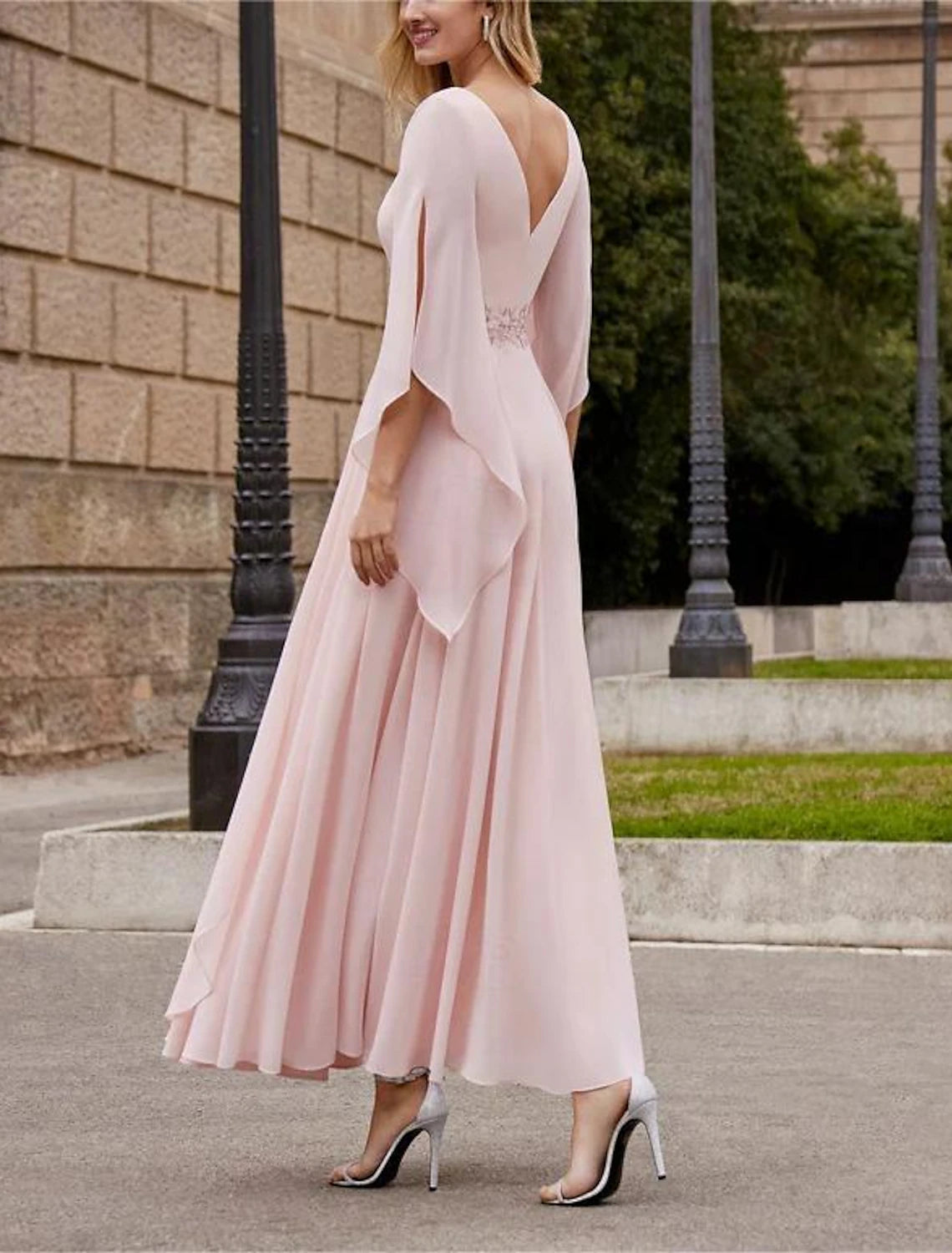 A-Line Mother of the Bride Dress Kentucky Derby Dresses Formal Wedding Guest Elegant Bateau Neck Ankle Length Chiffon 3/4 Length Sleeve with Beading Sequin