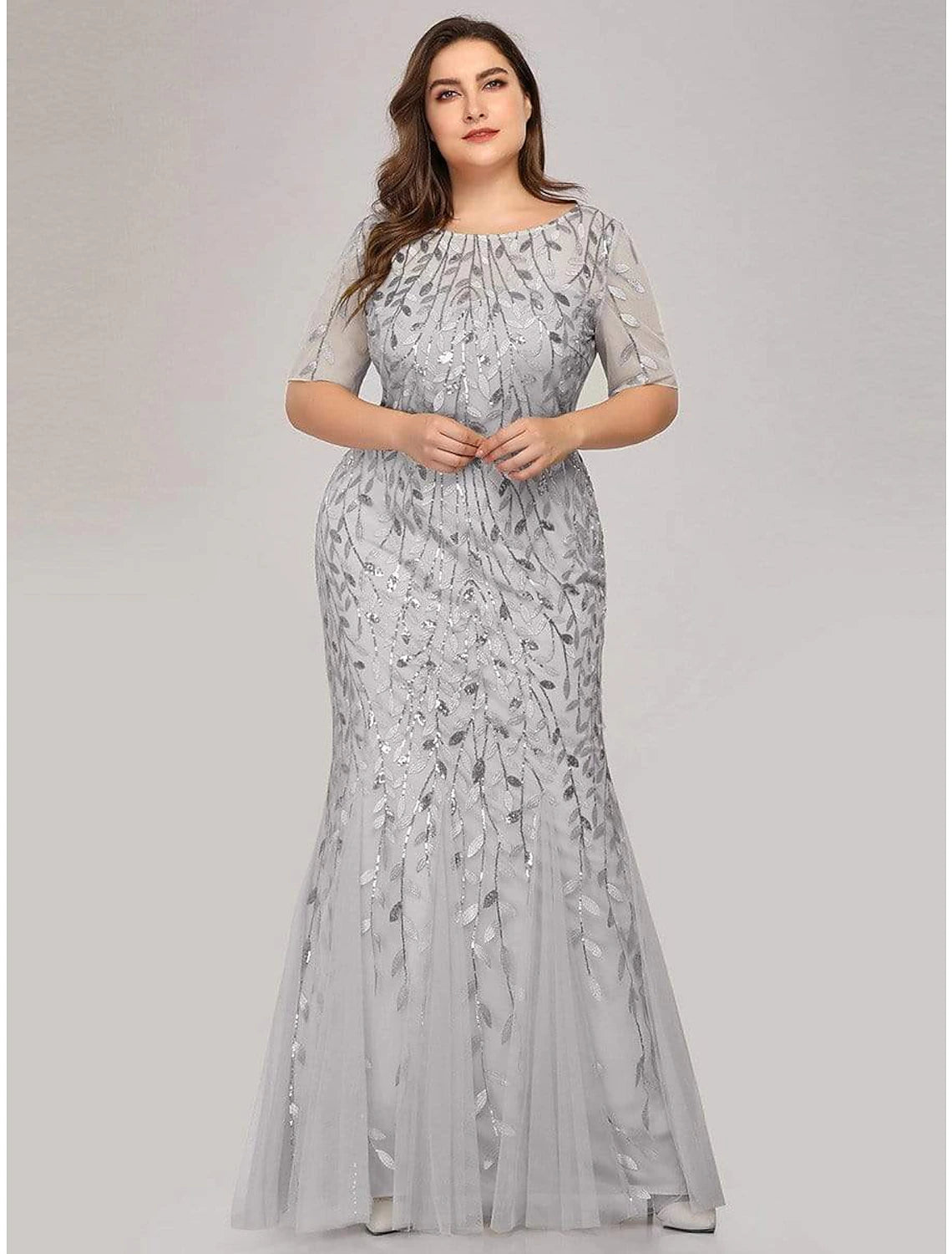 Mermaid / Trumpet Empire Elegant Party Wear Formal Evening Dress Jewel Neck Short Sleeve Floor Length Tulle with Embroidery/ Illusion Sleeve