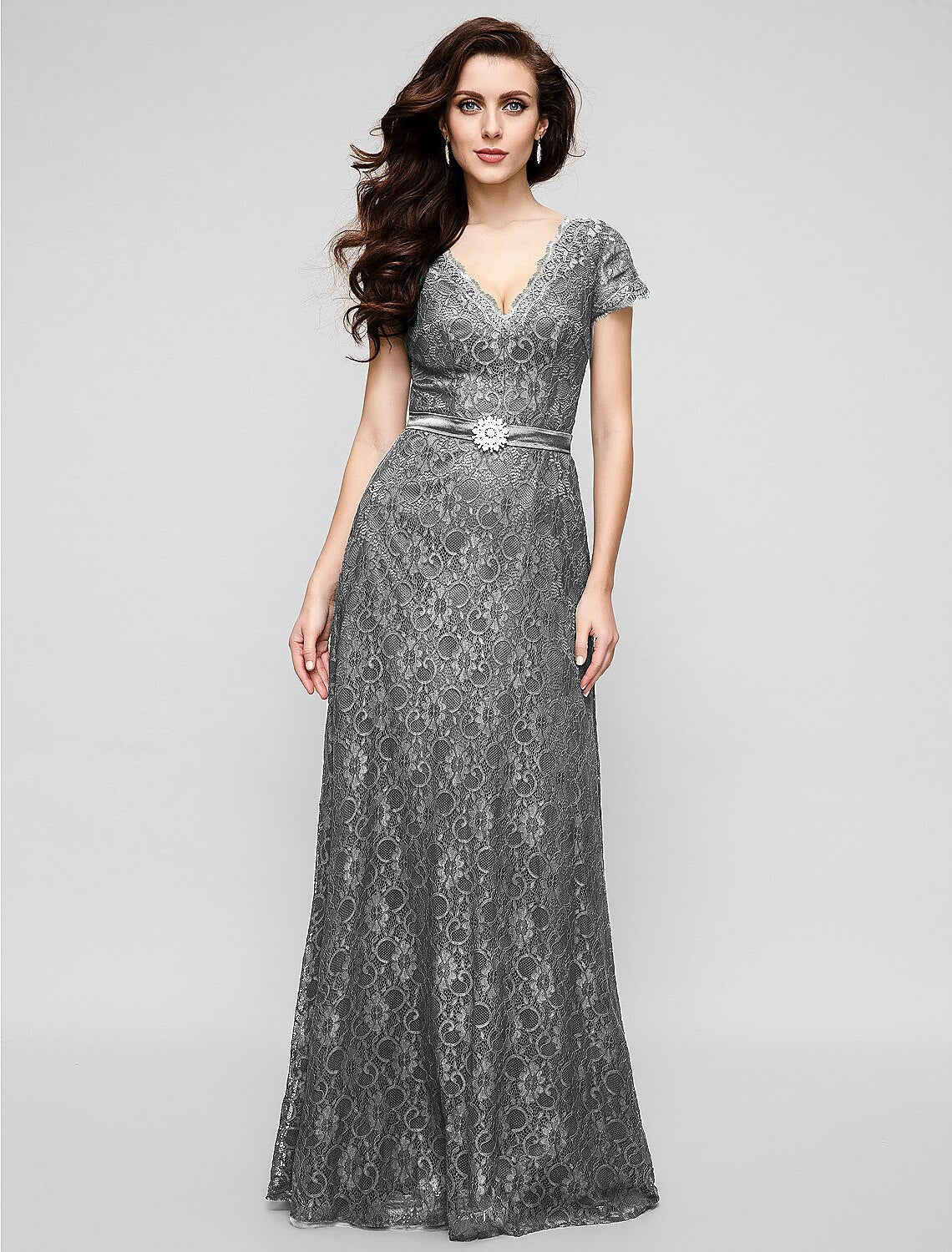 A-Line Elegant Dress Holiday Cocktail Party Floor Length Short Sleeve V Neck All Over Lace with Crystal Brooch