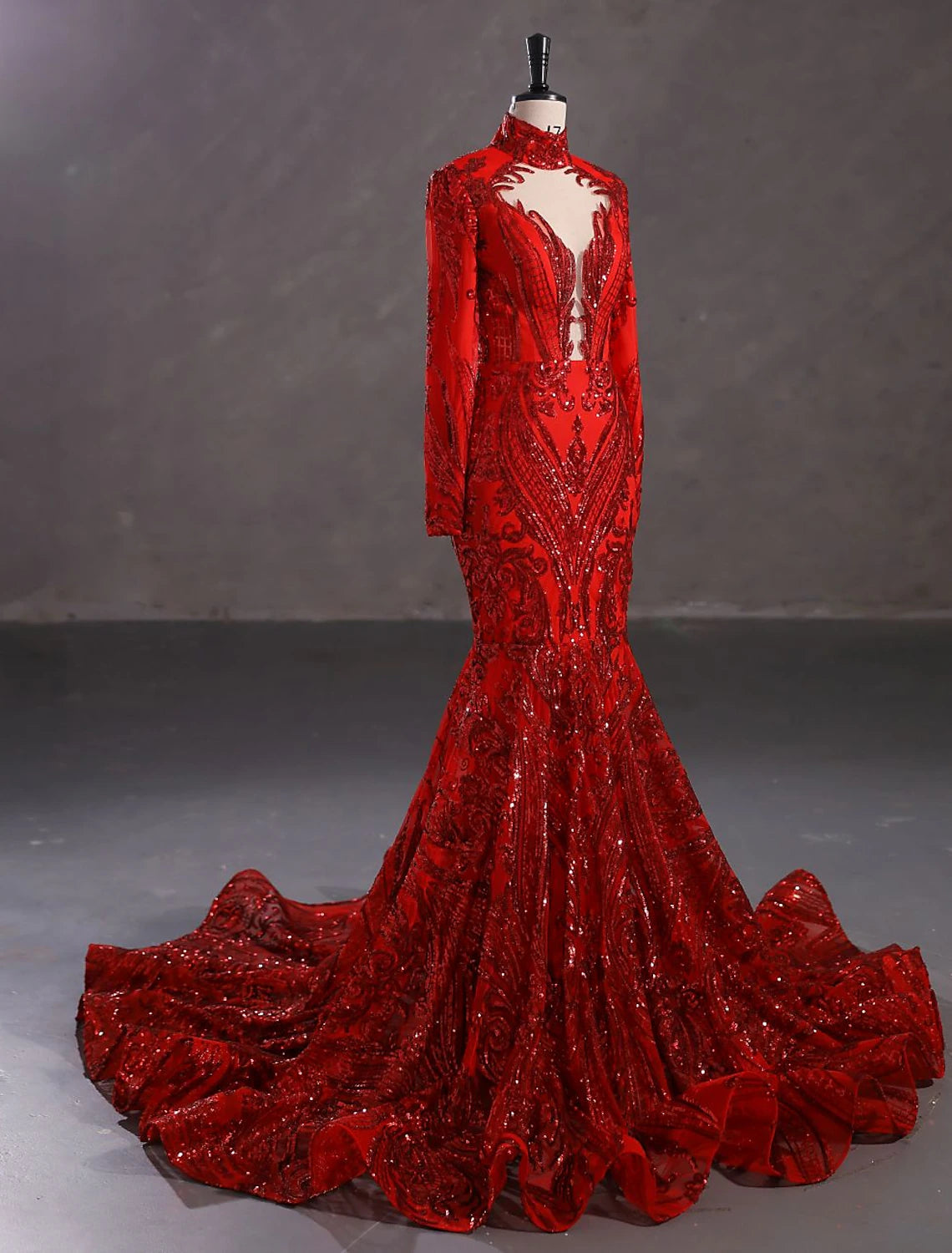 Mermaid / Trumpet Evening Gown Sparkle & Shine Dress Carnival Engagement Court Train Long Sleeve Stand Collar Lace with Sequin