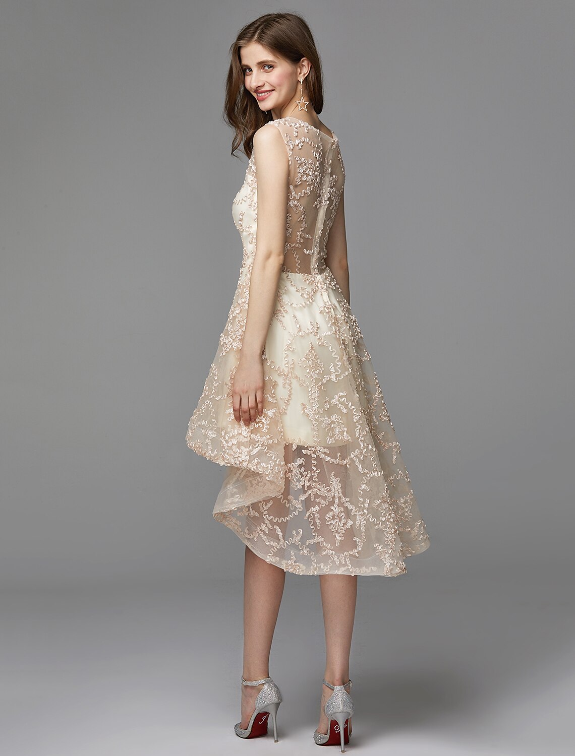 A-Line Hot Dress Wedding Guest Asymmetrical Sleeveless Illusion Neck Tulle with Appliques