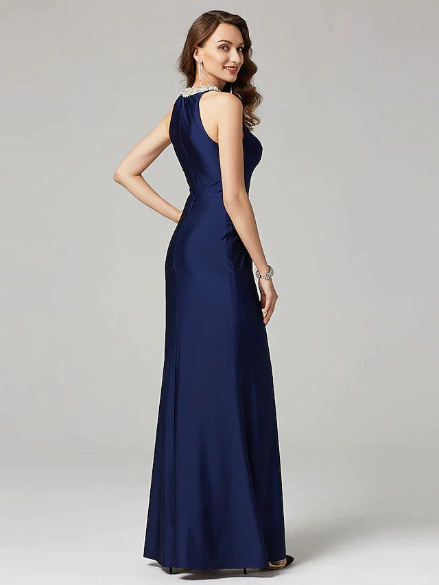 Sheath / Column Mother of the Bride Dress Elegant Sexy Jewel Neck Floor Length Charmeuse Sleeveless with Pearls