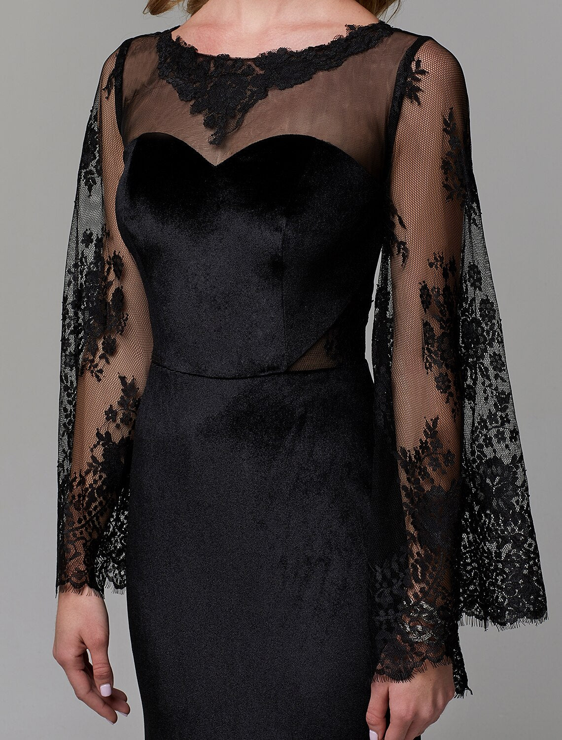 Sheath / Column Elegant Dress Wedding Guest Engagement Floor Length Long Sleeve Illusion Neck Lace with Lace Insert