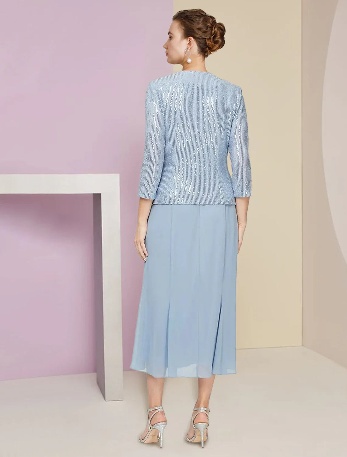 DingjiTwo Piece A-Line Mother of the Bride Dress Wedding Guest Winter With Jacket 3/4 Sleeve Scoop Neck Tea Length Chiffon Sequined Pleats Sequin Solid Color Sparkle & Shine Petite