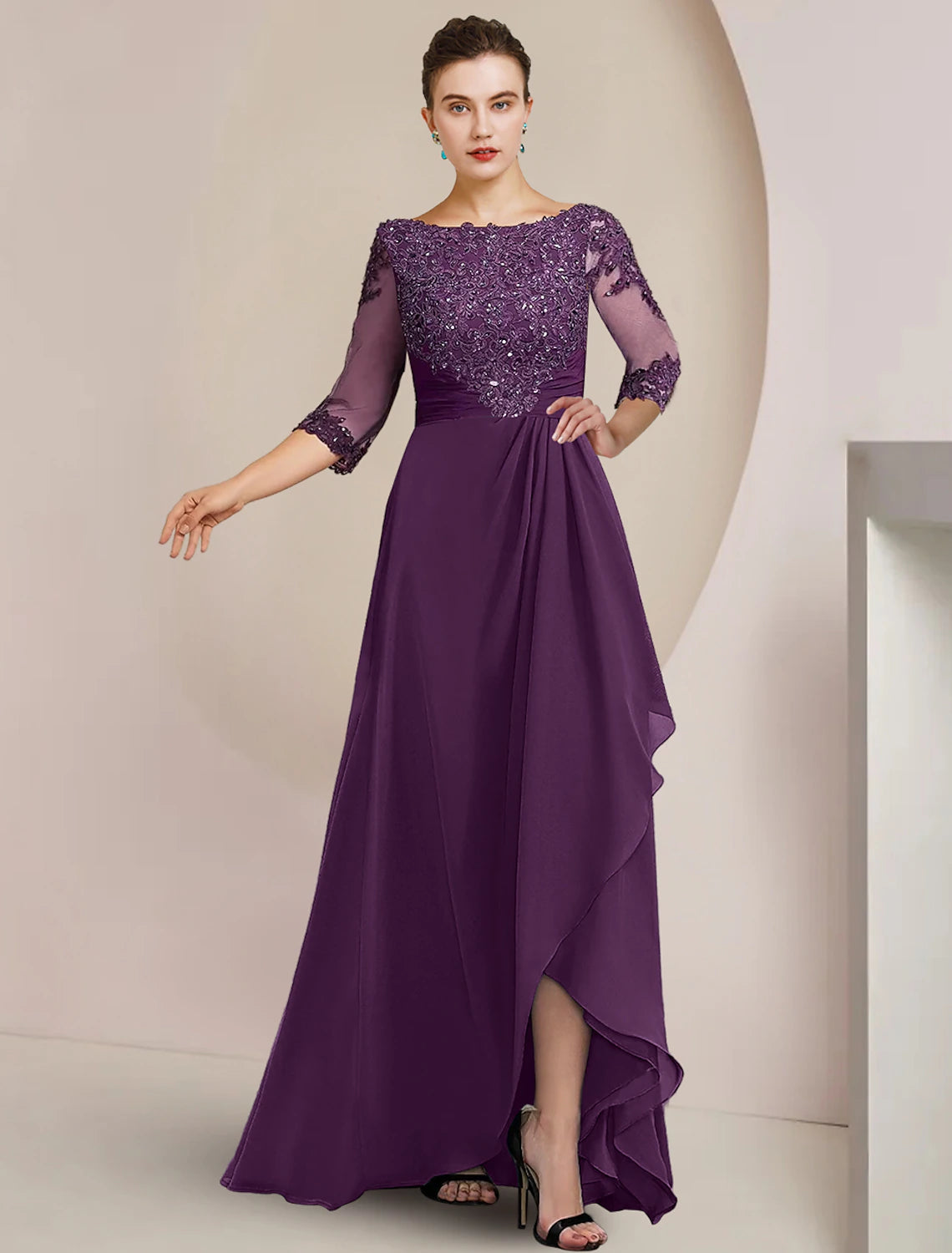 A-Line Mother of the Bride Dress Formal Wedding Guest Elegant High Low Scoop Neck Asymmetrical Floor Length Chiffon Lace 3/4 Length Sleeve with Beading Sequin Appliques 2023