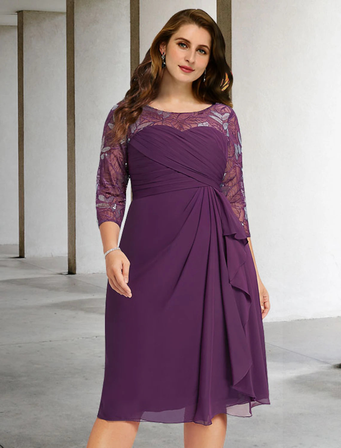 Sheath / Column Plus Size Curve Mother of the Bride Dresses Elegant Dress Formal Knee Length 3/4 Length Sleeve Jewel Neck Chiffon with Pleats Ruched Sequin