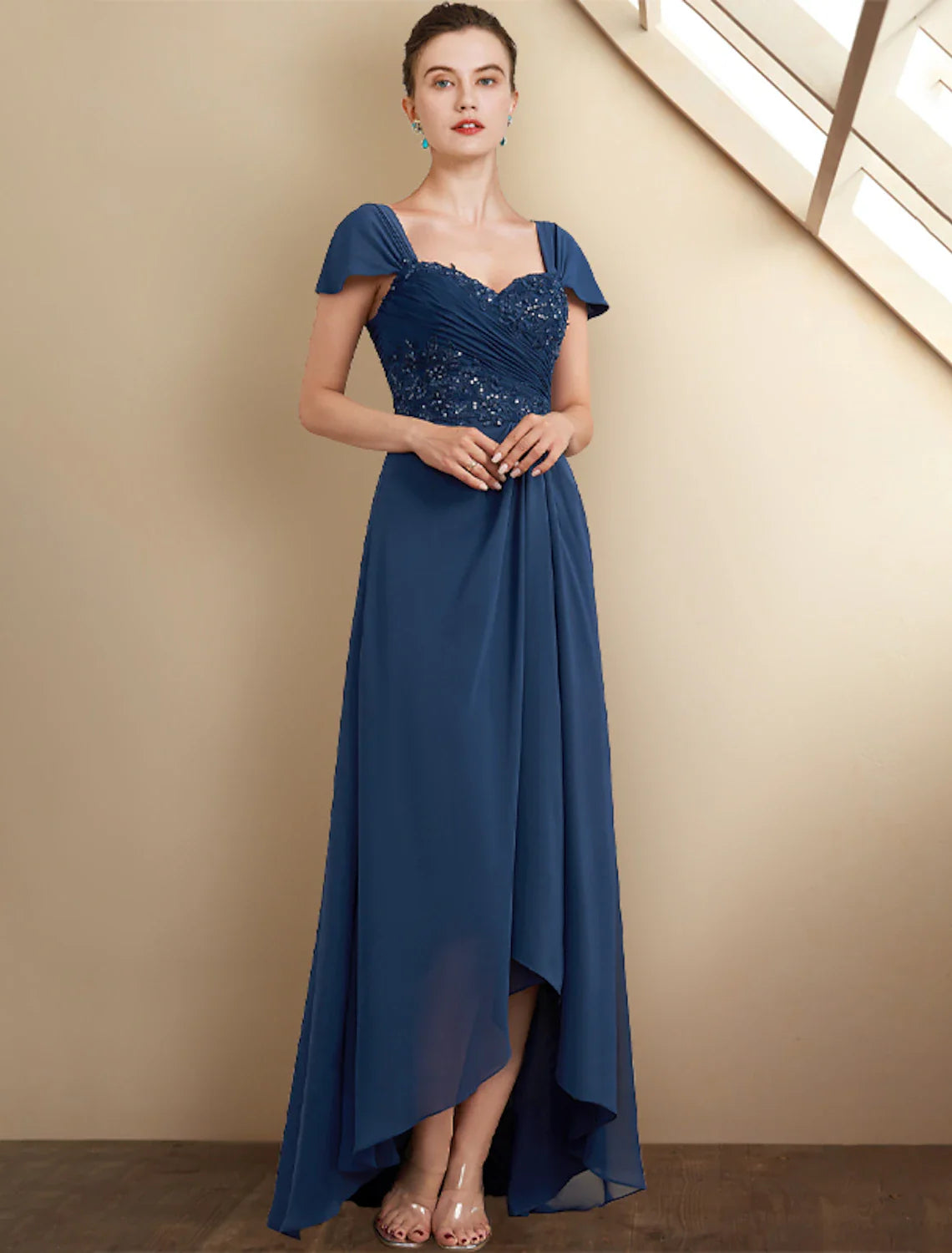 DingjiA-Line Mother of the Bride Dress Wedding Guest Elegant High Low Square Neck Asymmetrical Tea Length Chiffon Lace Cap Sleeve Fall Wrap Included with Sequin Appliques Side-Draped
