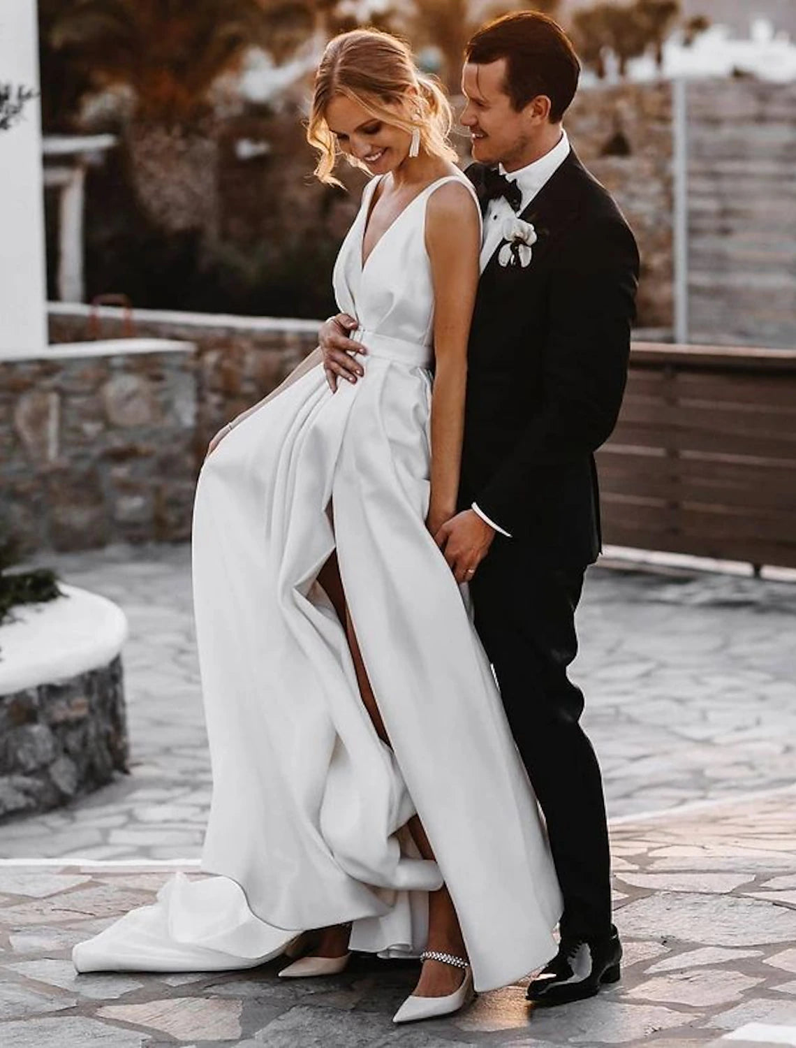 Beach Casual Wedding Dresses A-Line V Neck Sleeveless Court Train Satin Bridal Gowns With Sashes / Ribbons Sash / Ribbon 2023 Summer Wedding Party