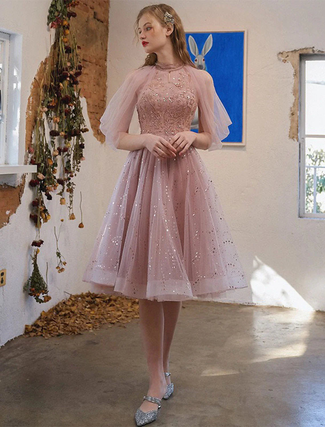 DingjiA-Line Cocktail Dresses Party Dress Graduation Engagement Knee Length 3/4 Length Sleeve Jewel Neck Tulle with Sequin Appliques