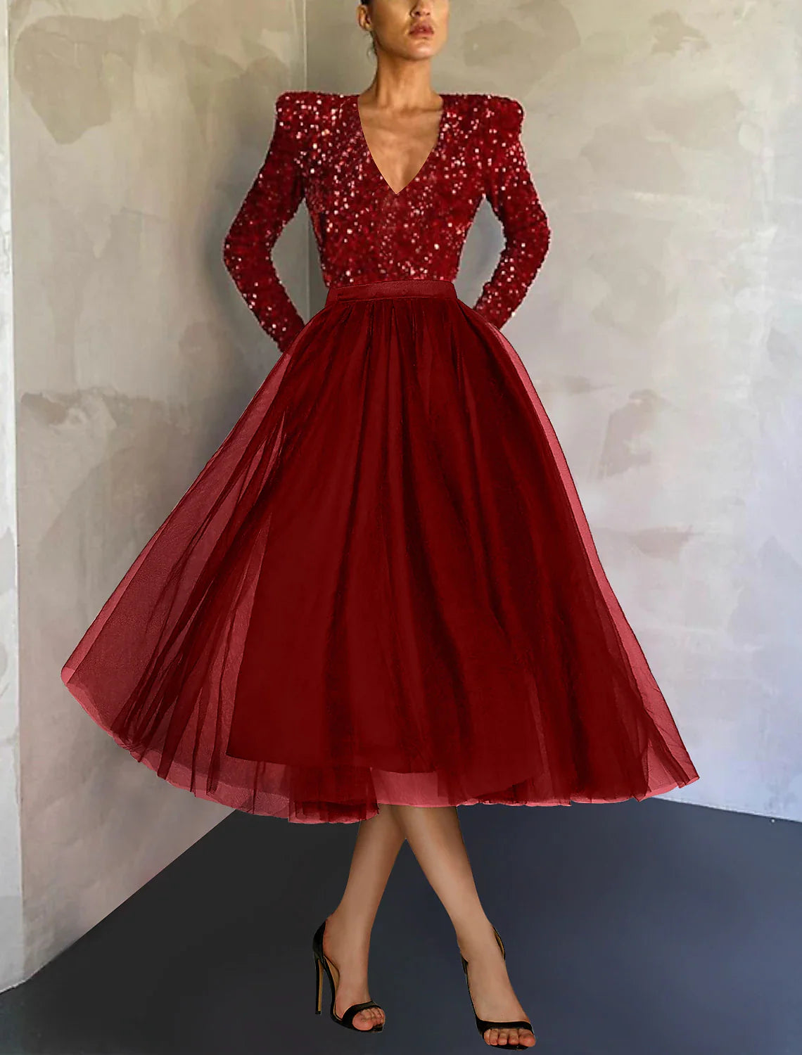 DingjiBall Gown A-Line Cocktail Dresses Vintage Dress Evening Party Cocktail Party Tea Length Long Sleeve Jewel Neck Fall Wedding Guest Tulle with Sequin