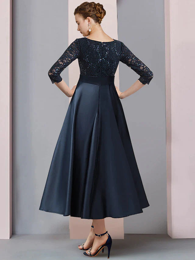 A-Line Mother of the Bride Dress Wedding Guest Vintage Elegant V Neck Tea Length Satin Lace 3/4 Length Sleeve with Bow(s) Pleats Sequin