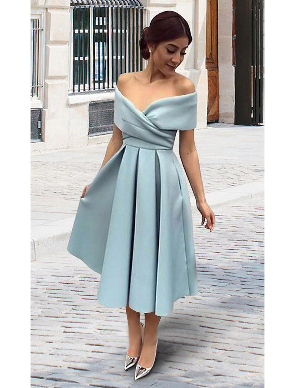 A-Line Cocktail Dresses 1950s Dress Homecoming Tea Length Short Sleeve V Neck Stretch Fabric V Back with Pleats