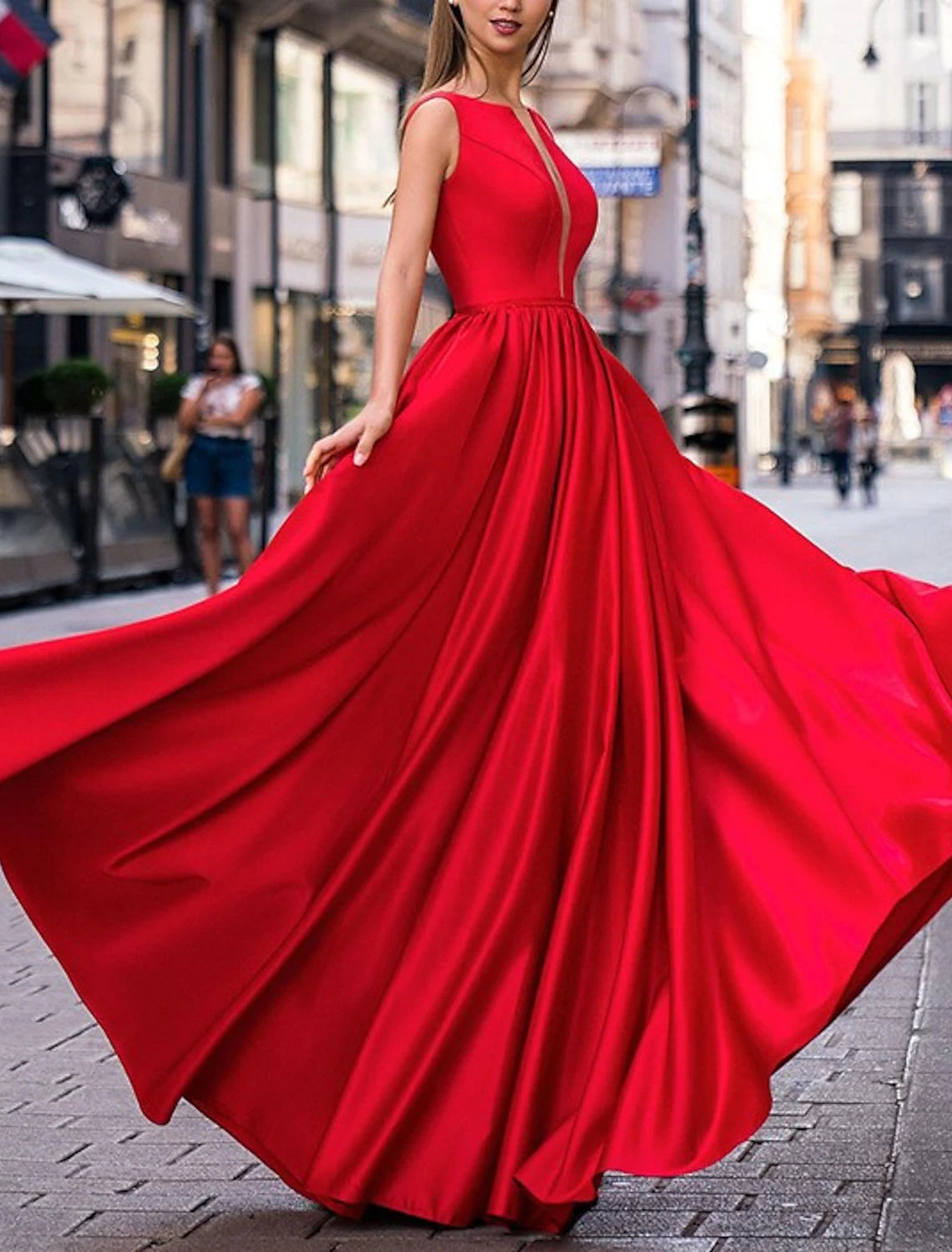 A-Line Evening Gown Minimalist Dress Party Wear Formal Evening Floor Length Sleeveless Jewel Neck Satin with Pleats