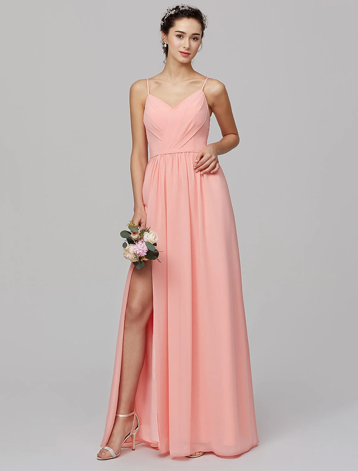DingjiA-Line Spaghetti Strap Floor Length Chiffon Bridesmaid Dress with Criss Cross / Split Front